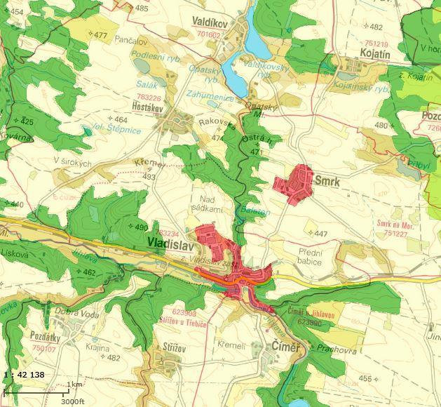 Obrázek 8: Mapa využití půdy dle Corine land cover 2012 (žlutá plocha značí ornou půdu, tmavě