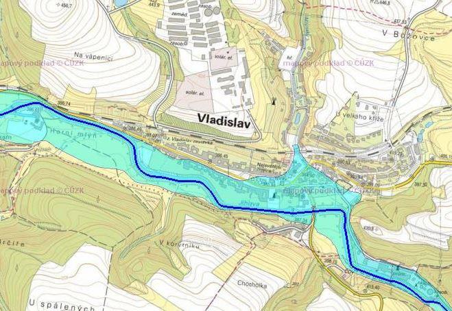 Obrázek 9 představuje mapu záplavových území, která znázorňuje rozsah zaplaveného území katastru městysu při Q100. Obrázek 9: Mapa záplavových území pro městys Vladislav, zdroj: www.dppcr.