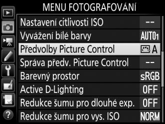 1 Vyberte položku Předvolby Picture Control. V menu fotografování vyberte položku Předvolby Picture Control a stiskněte tlačítko 2. 2 Vyberte předvolbu Picture Control.