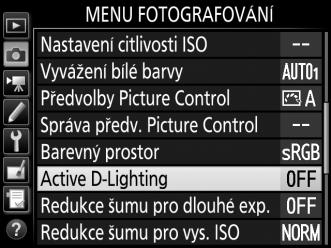 Použití funkce Active D-Lighting: 1 Vyberte položku Active D-Lighting. Vyberte položku Active D-Lighting v menu fotografování a stiskněte tlačítko 2. 2 Vyberte požadovanou možnost.