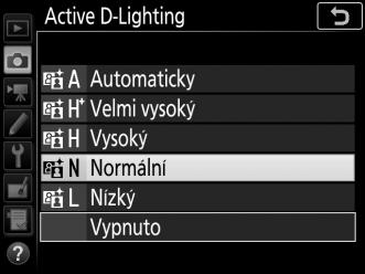 Je-li vybrána možnost Y Automaticky, fotoaparát automaticky upravuje nastavení funkce Active D-Lighting podle snímacích podmínek (v režimu M je však nastavení Y Automaticky rovnocenné nastavení Q