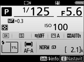 ISO. A Zábleskový režim (řízení záblesku) Obrazovka informací zobrazuje zábleskový režim