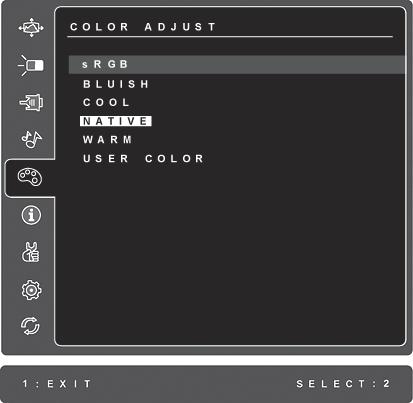 Ovládací prvek Popis Color Adjust (Nastavení barvy) nabízí několik možností úpravy barev: předvolené teploty barev a User Color (Vlastní barva), což umožňuje samostatné nastavení červené (R), zelené