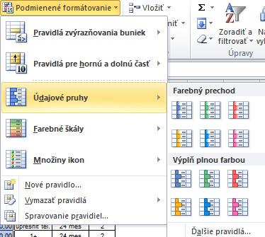 Obrázok 79: Údajové pruhy Farebné škály Farebné škály pri podmienenom formátovaní umožňujú užívateľovi pohodlne vidieť prechody medzi hodnotami.