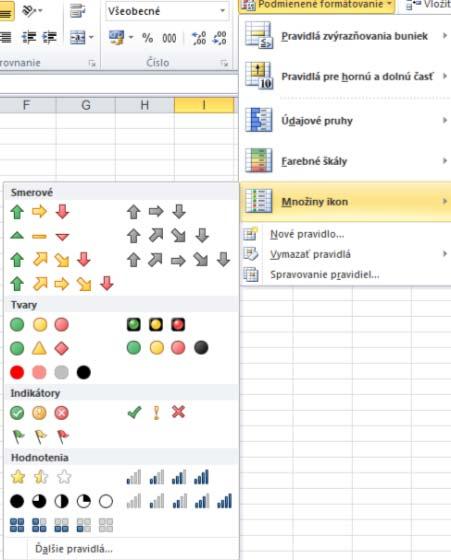 Množiny ikon Niekedy je vhodné do bunky na lepšie rozpoznanie jej hodnoty vložiť ikonu symbolizujúcu jej stav.
