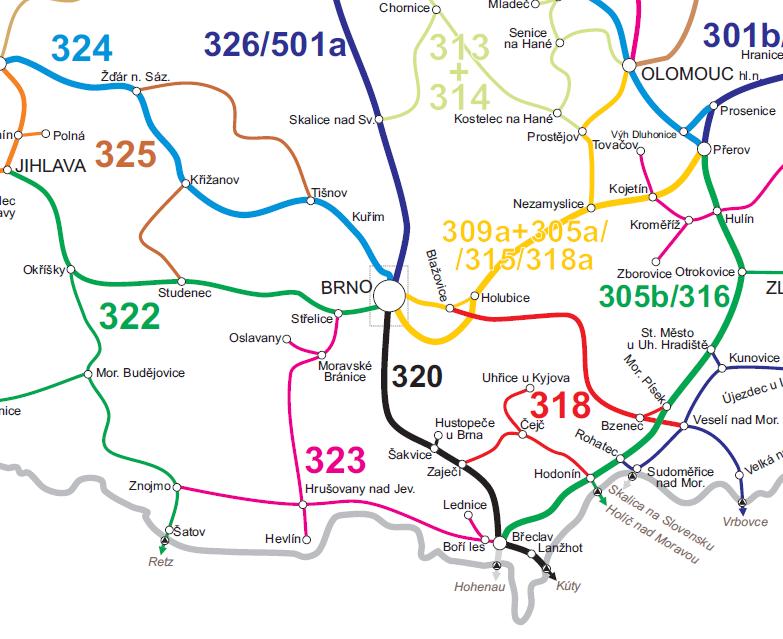 Část E.8 2. ROZSAH ŽELEZNIČNÍHO UZLU BRNO Celý železniční uzel Brno se rozkládá na dosti velkém území a jsou do něj zaústěny tratě z 9 směrů.