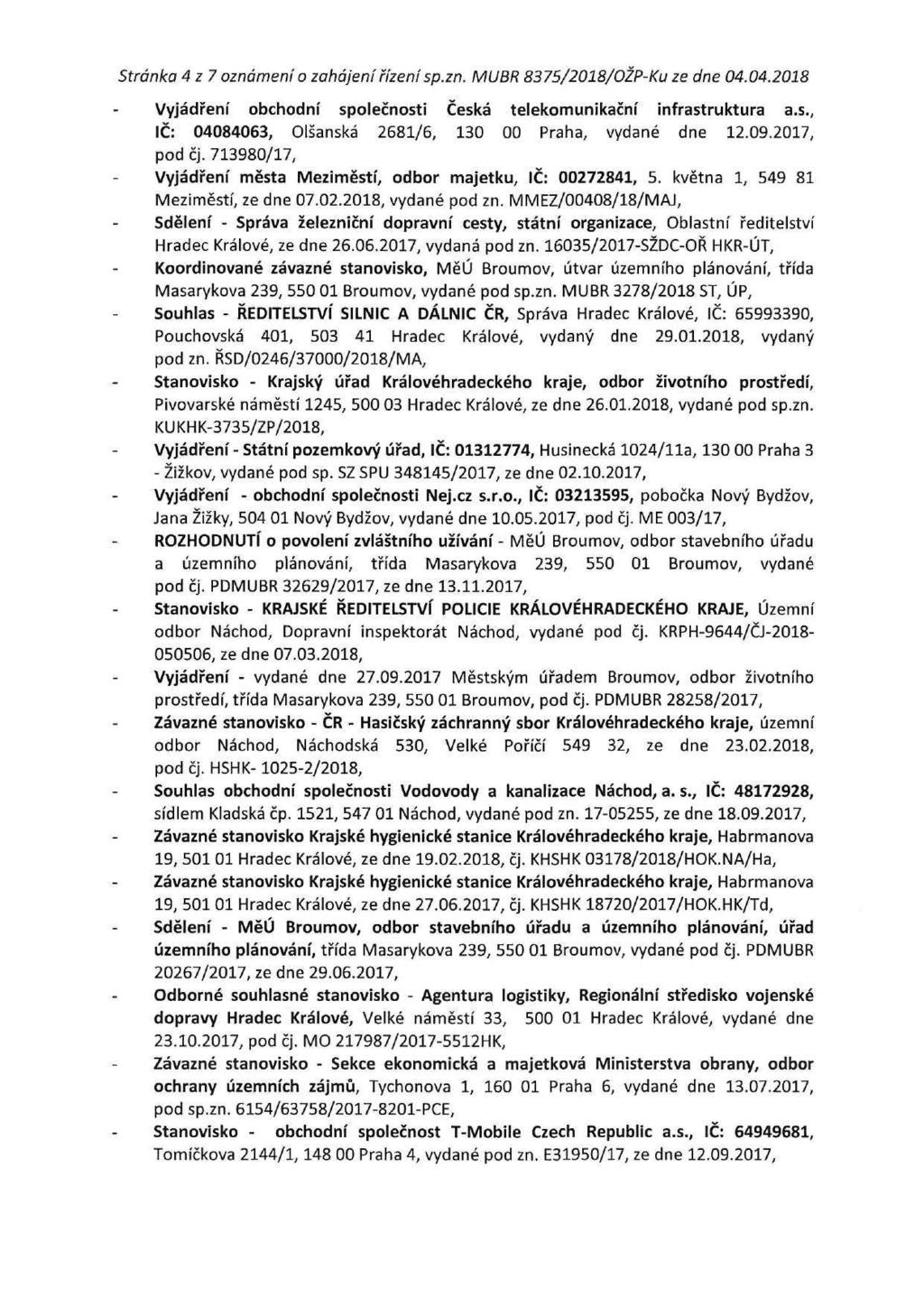 Stránka 4z7 oznámení o zahájení řízení sp.zn. MUBR 8375/2018/OŽP-Ku ze dne 04.04.2018 Vyjádření obchodní společnosti Česká telekomunikační infrastruktura a.s., IČ: 04084063, Olšanská 2681/6, 130 00 Praha, vydané dne 12.