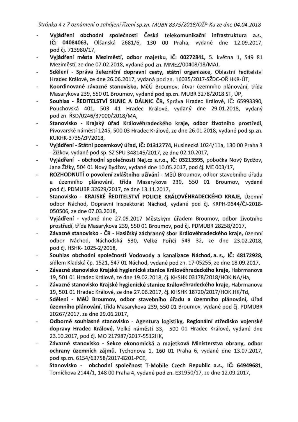 Stránka 4z7 oznámení o zahájení řízení sp.zn. MUBR 8375/2018/OŽP-Ku ze dne 04.04.2018 Vyjádření obchodní společnosti Česká telekomunikační infrastruktura a.s., IČ: 04084063, Olšanská 2681/6, 130 00 Praha, vydané dne 12.