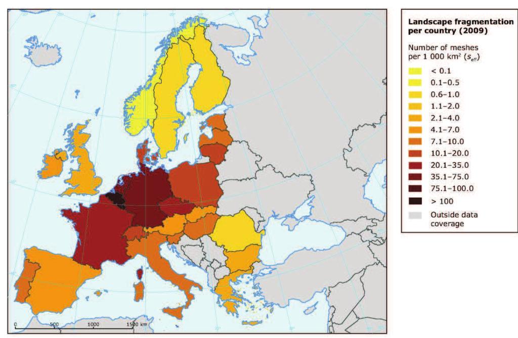 Literární přehled Obr. 4 Míra fragmentace krajiny v roce 2009 v jednotlivých zemích (Hlaváč, 2011