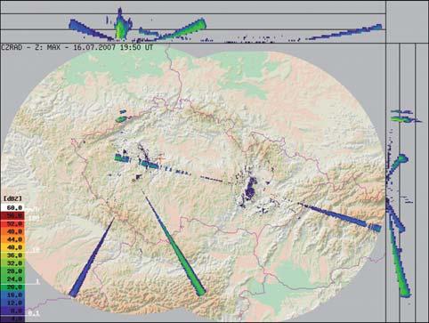 Obr. 7 Ukázka rušení radarových měření (úzké radiální výseče) radioreléovými spoji pracujícími v pásmu 5 GHz. Fig. 7. Example of disturbance of radar measurements (thin sectors) cause by RLAN communication devices working in 5 GHz band.