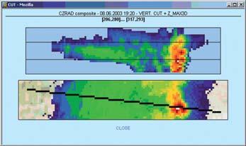 Example of visualization of composite radar information in JSMeteoView application: (a) combination of maximum radar reflectivity (color scale), thermal IR channel from Meteosat satellite (gray