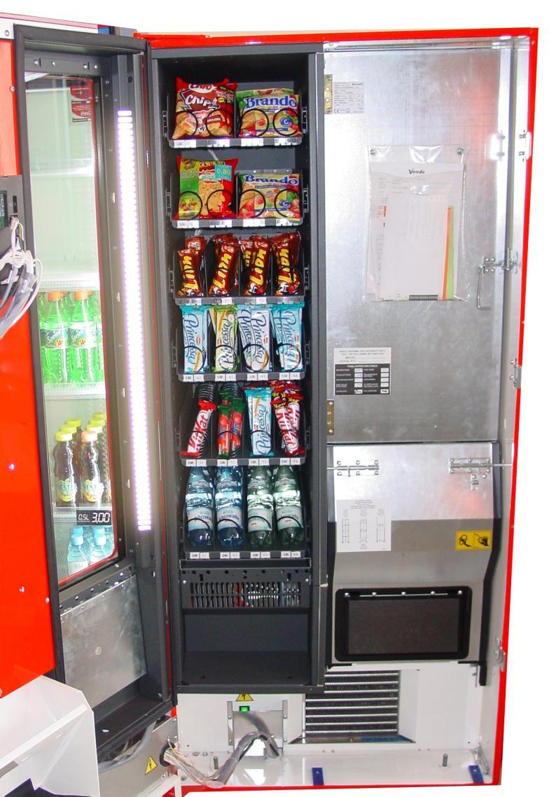 MOŽNOSTI VOLIEB Časť snacková: 24 - kusovky/snacky: 6 políc, 24 špirál Chladené nápoje: 4 - plechovky/fľaše: 4 šachty KAPACITA: przekąski: maximálne 672 ks. (štandard: 6 políc, 24 špirál pr.