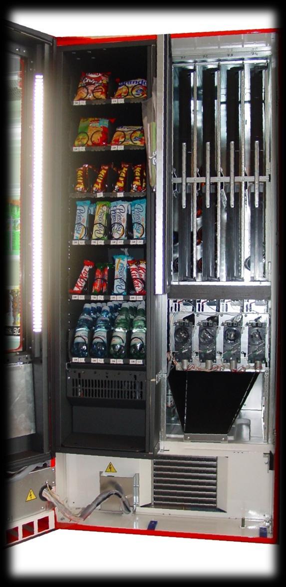 MOŽNOSTI VOLIEB Časť snacková: 24 - kusovky/snacky: 6 políc, 24 špirál Chladené nápoje: 4 - plechovky/fľaše: 4 šachty KAPACITA: przekąski: maximálne 672 ks. (štandard: 6 políc, 24 špirál pr.