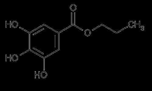 Obrázek 10: Strukturní vzorec ethyl-gallátu [6] Název dle IUPAC: ethyl-3,4,5-trihydroxybenzoát Molekulová hmotnost: 198,17 g.