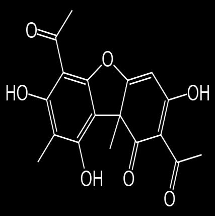 Obrázek 13: Strukturní vzorec kyseliny usnové [9] Název dle IUPAC: 2,6-diacetyl-7,9-dihydroxy-8,9b-dimethyldibenzofuran-1,3-dion Molekulová hmotnost: 344,32 g.