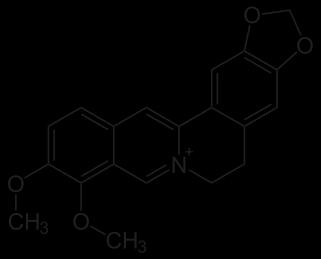 Obrázek 18: Strukturní vzorec berberinu [14] Název dle IUPAC: 9,10-dimethoxy-5,6-dihydro[1,3]dioxolo[4,5-g]isochinolino[3,2- a]isochinolin-7-ium Molekulová hmotnost: 336,37 g.