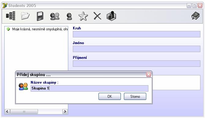 V tuto chvíli se nám již otevírá nesmírně vzrušující možnost přidávat skupiny a studenty, toto nám bylo doposud znemožněno, protože databáze ještě neexistovala a nebyla ani načtena, proto nemělo
