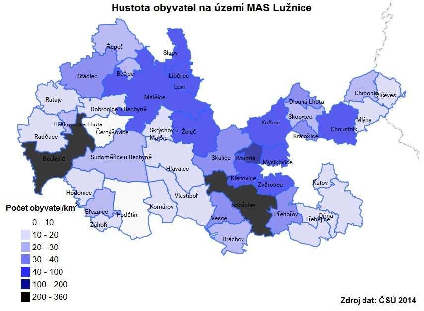 Obrázek č. 6 Hustota obyvatel Počet obyvatel na území MAS Lužnice k 1. 1. 2015 činil 25 381.