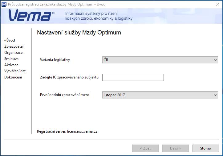 Úvod První obrazovka průvodce vyžaduje volbu, zda půjde o ČR nebo SR legislativu a dále zadání IČ zpracovávaného subjektu a první období zpracování mezd.