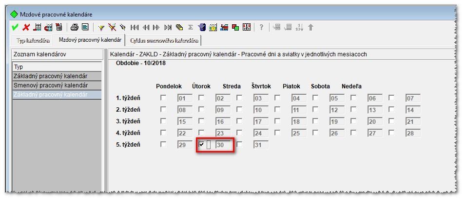 Postup pri zadaní sviatku v programe: Nastaviť sa na Číselníky Mzdové a pracovné kalendáre V zozname kalendárov sa nastaviť na daný kalendár Na druhej záložke Mzdový pracovný kalendár sa nastaviť na