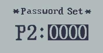 Rozhraní pro nastavení pomalého startu Nastavení hesla pro zapnutí napájení Nápis P2:0000 umožňuje nastavení hesla pro zapnutí napájení. Přednastavená hodnota je 1212.