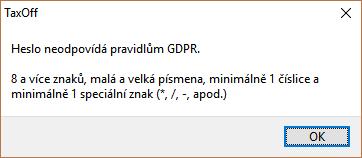 2. nastavení hesla pro záložní soubor databáze: Pokud je zadáno heslo mimo konvenci směrnice, je programem vymazáno: