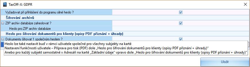 Pak na panelu GDPR zatrhnout Dokumenty šifrovat 1 společným heslem a zadat heslo (dle konvencí směrnice, jinak je