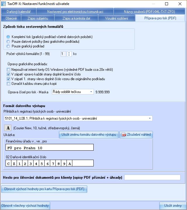 Zde přitom platí, že Správce programu může vybraným uživatelům zadání/změnu hesla zakázat (Administrace uživatelů, Omezení funkčnosti, Šifrování dokumentů pro klienty (opisy PDF přiznání + úhrady)