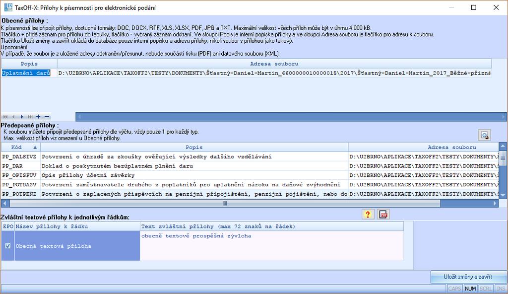 které vytvoří PDF opis vybrané přílohy a současně tento PDF opis zařadí mezi obecné přílohy: Tyto jsou pak samozřejmě zahrnuty do nově vygenerovaného XML pro elektronické podání.