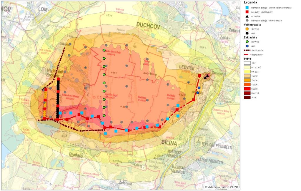 Imisní příspěvky z provozu lomu Bílina pro průměrné roční koncentrace suspendovaných prachových částic frakce PM 10 pro rok 2048 [µg.