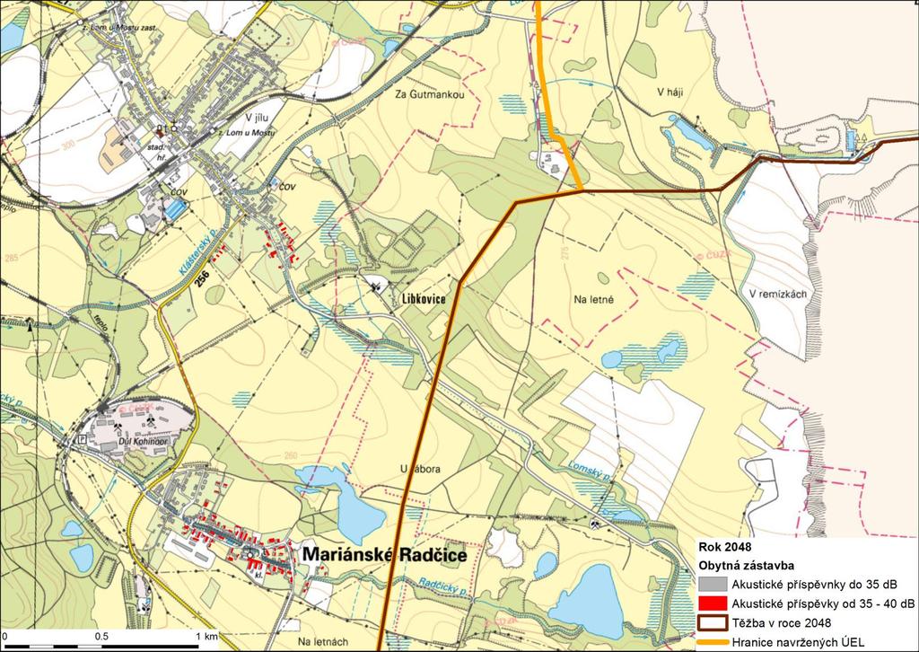 Vyhodnocení akustických příspěvků lom Bílina Mariánské Radčice, L Aeq,T > 35 db (rok 2048) Zdroj: ATEM (2015) Celkově bude