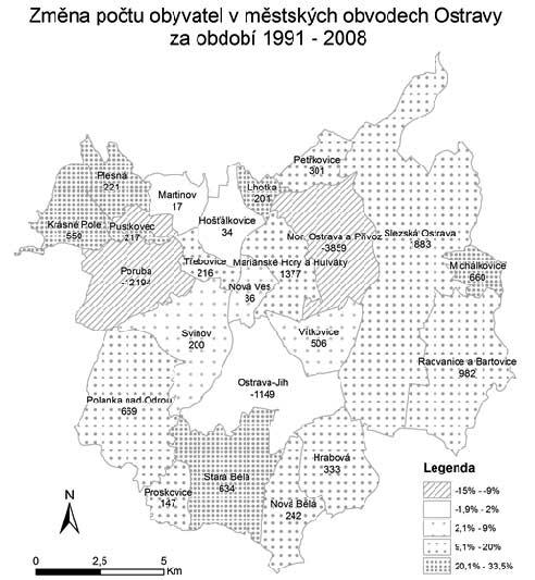 METODA SCÉNÁŘŮ A JEJÍ VYUŽITÍ V KONTEXTU PLÁNOVÁNÍ Obrázek 9 1: Změna počtu v městských obvodech Ostravy za období 1991 2008 Zdroj: Převzato z Rumpel, Slach (2012). Autor grafi ky L. Krtička.