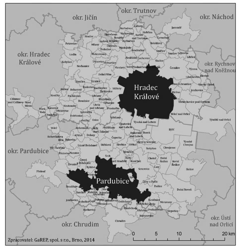 VÝVOJ STRATEGICKÉHO PLÁNOVÁNÍ MĚST A OBCÍ V ČESKÉ REPUBLICE Obrázek 3 2: Vymezení Hradecko-pardubické aglomerace pro ITI p g p Zdroj: Strategie integrované územní investice Hradecko-pardubické