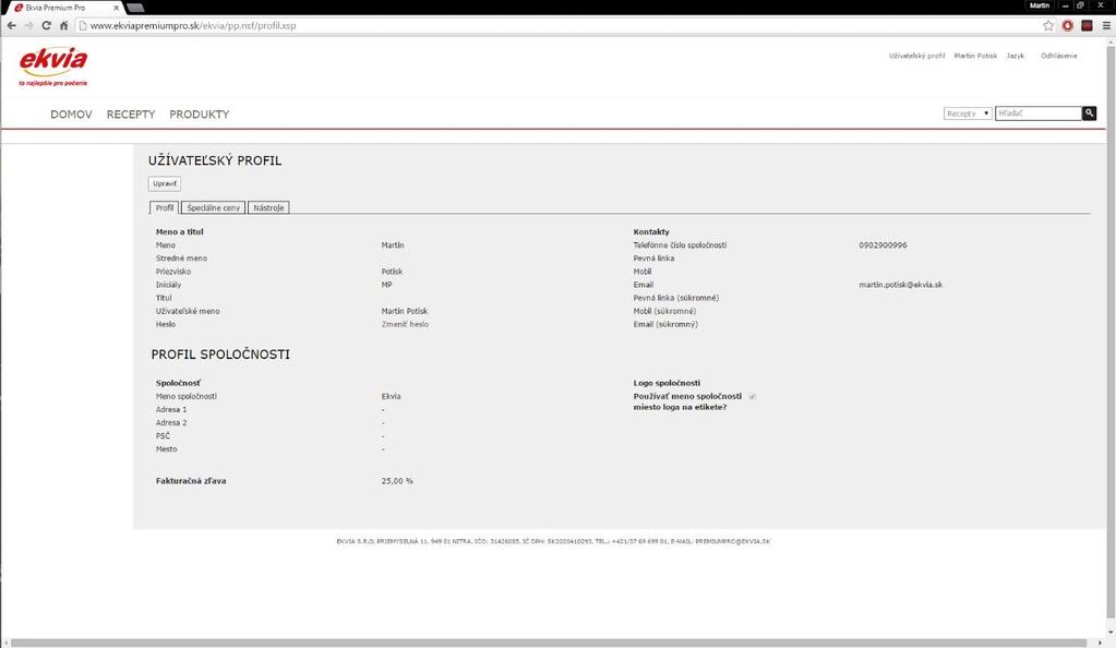 2. Užívateľský profil Nájdete tu všetky informácie či už o Vás alebo o Vašej spoločnosti, ktoré si viete upraviť a taktiež možnosť pre pridanie loga Vašej spoločnosti, ktoré sa
