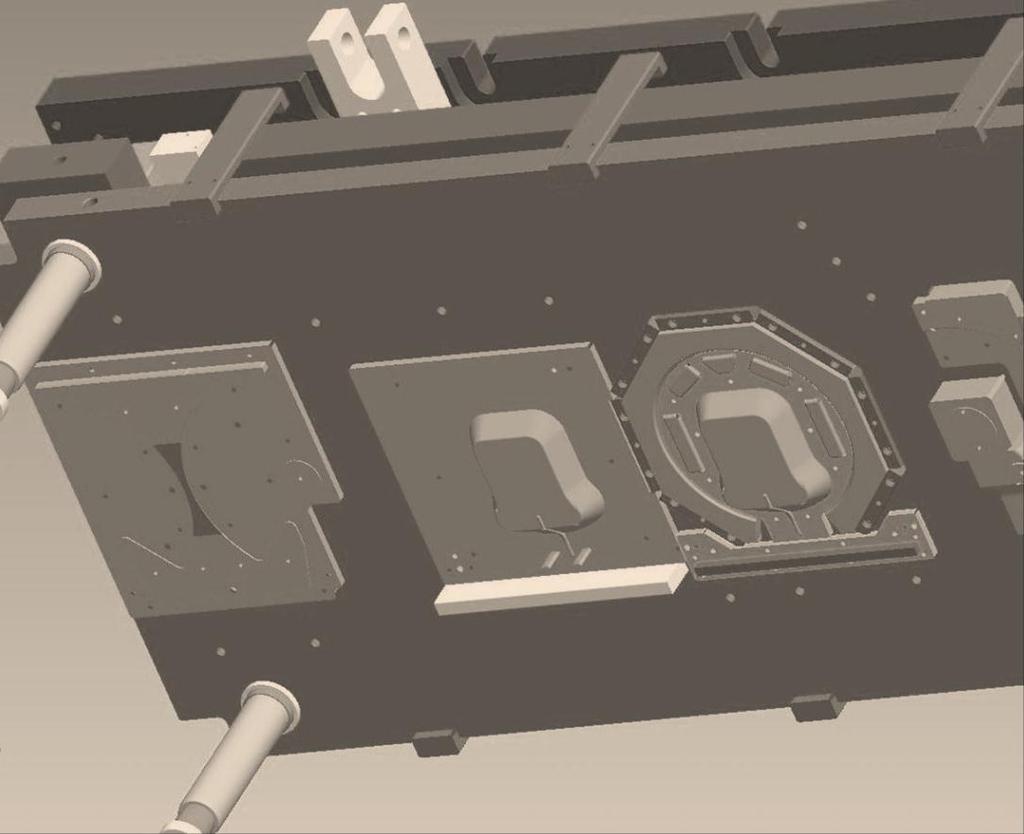 Obr. 7.6 Detail tvářecího nástroje horní část 2. Pás materiálu vstupuje do nástroje z levé strany.