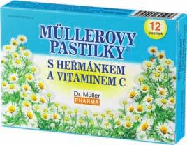 Müllerovy pastilky s heřmánkem a vitaminem C (problémy v ústech) Doplněk stravy Heřmánek ulevuje při podráždění krku a hltanu má uklidňující a příjemný účinek na krk, hltan a hlasivky Složení: