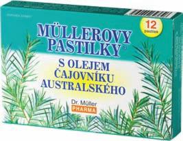 Müllerovy pastilky s olejem čajovníku australského (problémy v krku a ústech) Doplněk stravy Olej čajovníku australského osvěžuje dech a zpříjemňuje pocit v ústech Složení: sacharóza, sladidlo