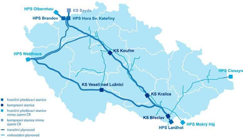 Obrázek 19 Mapa přepravní soustavy v ČR Zdroj: [RWE, GasNet] Distribuční síť zemního plynu Distribuční společností a správcem distribuční sítě je společnost GasNet, s.r.o., která je členem společnosti innogy.