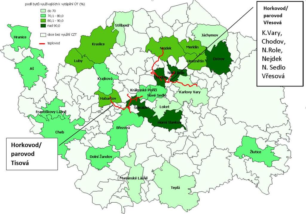 5.3 Centralizované zásobování teplem V Karlovarském kraji existuje řada systémů centralizované dodávky tepla, které je možné rozdělit dle velikosti zdrojů tepla a s tím související velikosti