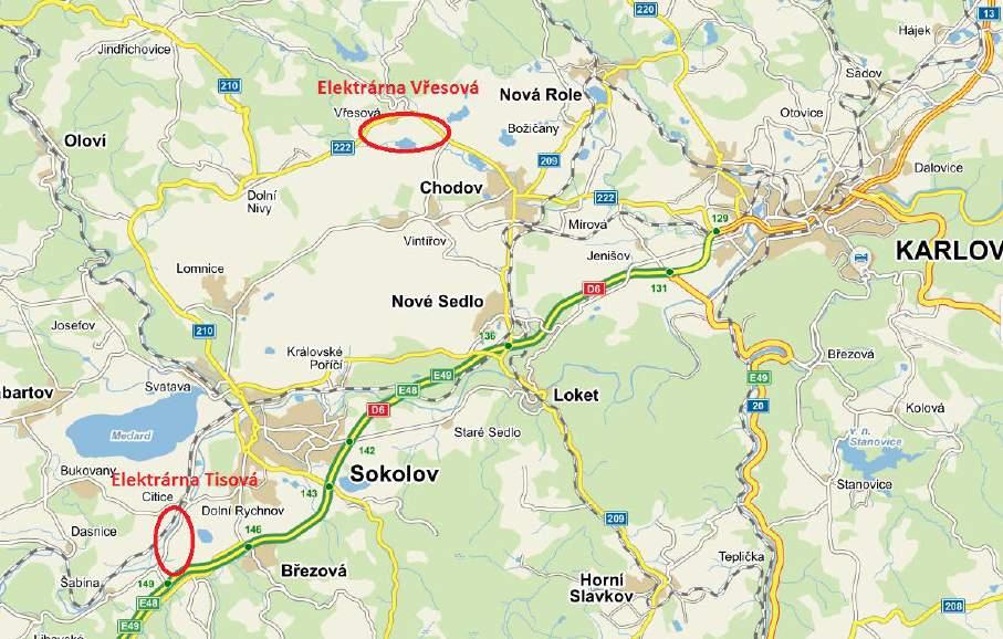 Obrázek 24 Mapa vzájemné lokalizace elektrárny Tisová a Vřesová SZT KARLOVY VARY Držitelem licence na rozvod/výrobu tepelné energie je společnost Karel Holoubek Trade Group a.s., která také zajišťuje provoz zdroje plynové výtopny Doubí a zdroje v Tašovicích.