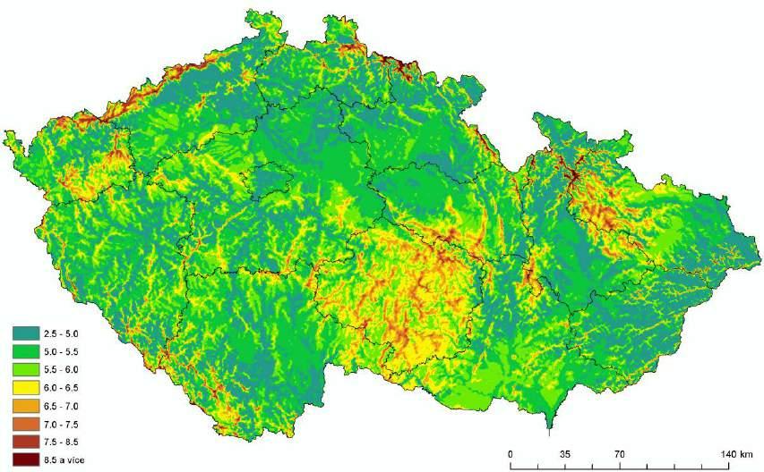 Obrázek 32 Větrná mapa ČR ve výšce 100 m nad zemí Zdroj: Aktualizovaný odhad realizovatelného