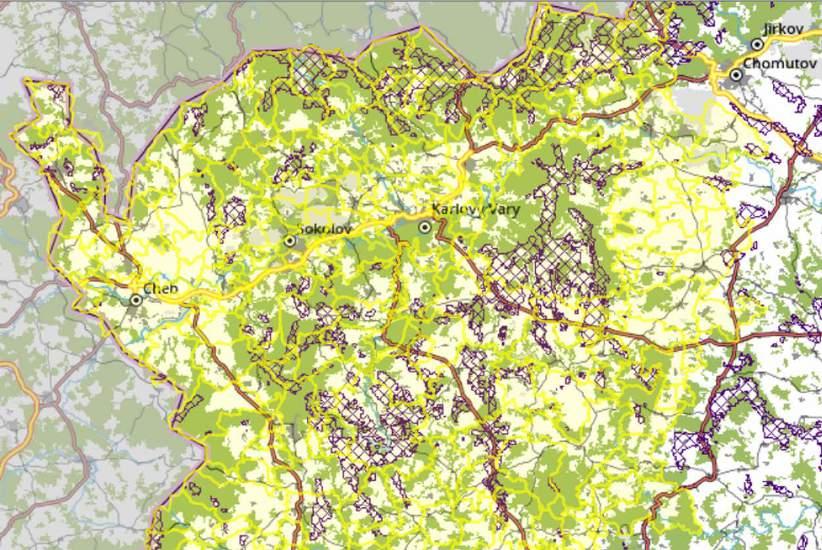 Obrázek 34 Mapa území potenciálu větrné energie v Karlovarském kraji, území vhodná pro