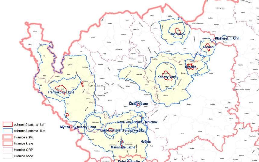 Obrázek 40 Mapa ochranných pásem PLZ a ZPMV v Karlovarském kraji Pozn. PLZ Přírodní léčivý zdroj, ZPMV Zdroj přírodní minerální vody; Zdroj: http://www.mzcr.cz/admin/_upload/files/3/karlovarský kraj.