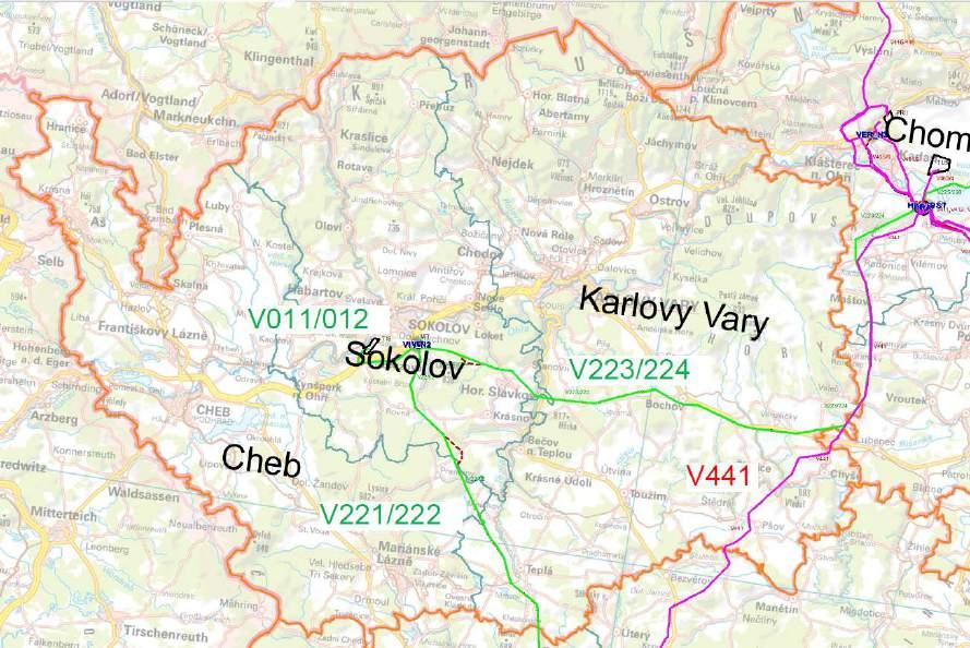 Obrázek 12 Zakreslení vedení VVN a ZVN na území Karlovarského kraje Podkladem je Plán rozvoje přenosové soustavy na období 2016 2025 společnosti ČEPS, a.s. na základě kterého je proveden tzv.