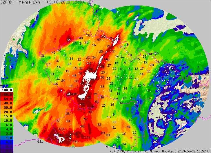 Maximální 24 hodinové srážky od soboty 15 hod do neděle 15 hodin SELČ V této oblasti bylo zaznamenáno nejrychlejší rozvodnění menších toků a nejvyšší dosažená extremita povodní.