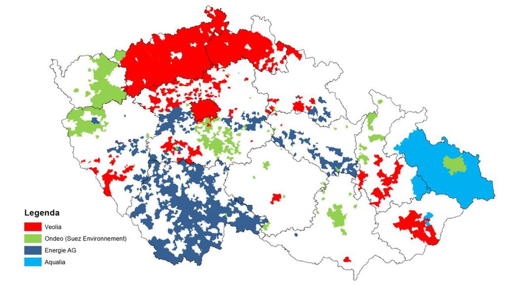 Tabulka 3: Vybrané údaje zahraničních skupin působící na českém trhu Údaj Veolia SUEZ / ONDEO Energie AG Aqualia Roční obrat 15,96 mld. Kč přes 4 mld. Kč 3,5 mld. Kč 2,3 mld.
