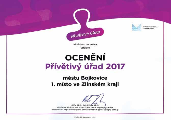 Zprávy z radnice Přívětivý a otevřený úřad V měsíci září bylo město Bojkovice a Městský úřad Bojkovice osloveni k účasti v soutěži Přívětivý úřad 2017 v kategorii obcí II. typu.