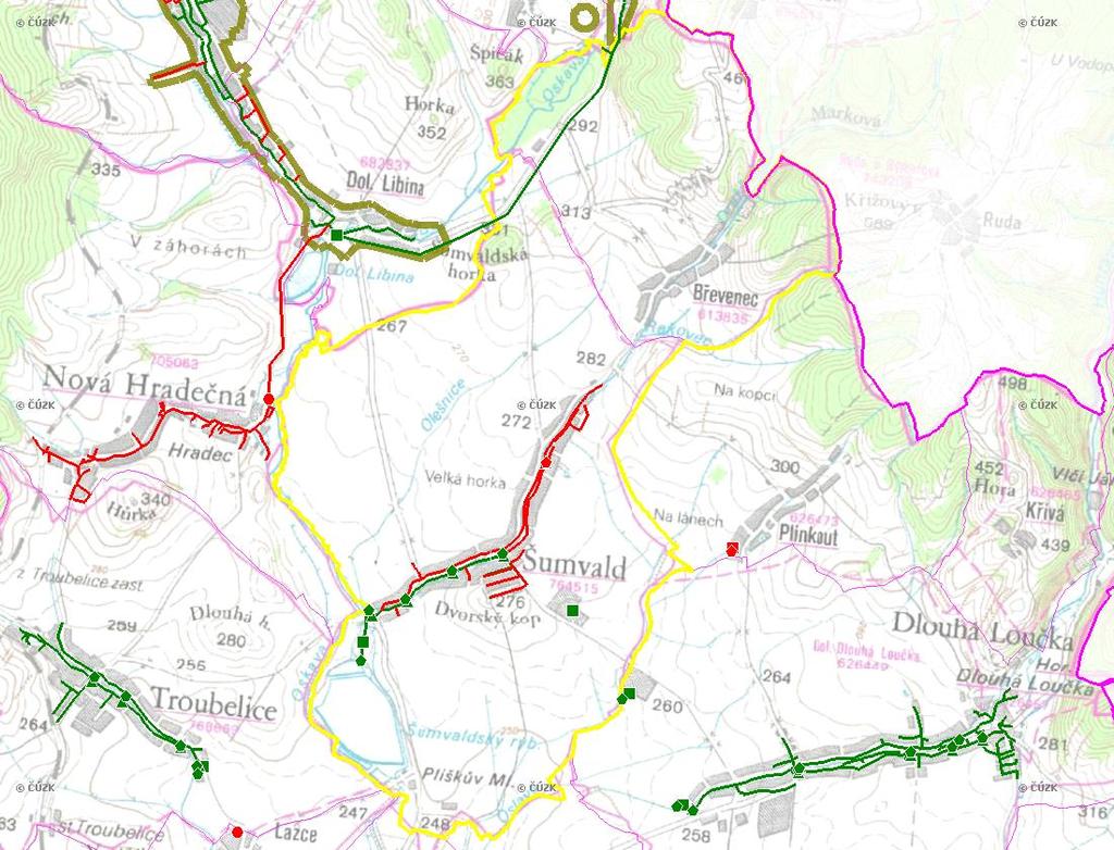 E. KANALIZACE A ČOV Mapa E1: Kanalizace - rozvody v obci Trasování sítí, lokalizace ČOV, čerpací stanice (ČS), výústě Obec: Šumvald Legenda: Kanalizace: Ochranné pásmo: Vyústění: do 2015 po 2015 I IA