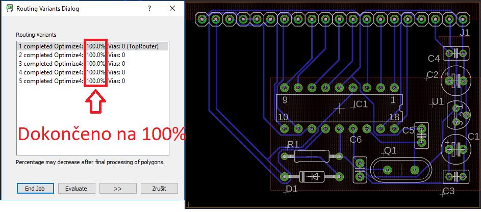 54 Autorouter před Po kliknutí na Continue se otevře nové dialogové okno Routing Variants, ve kterém se zobrazí seznam všech variant cest. Doba dokončení trvá podle nastavení. Obr.