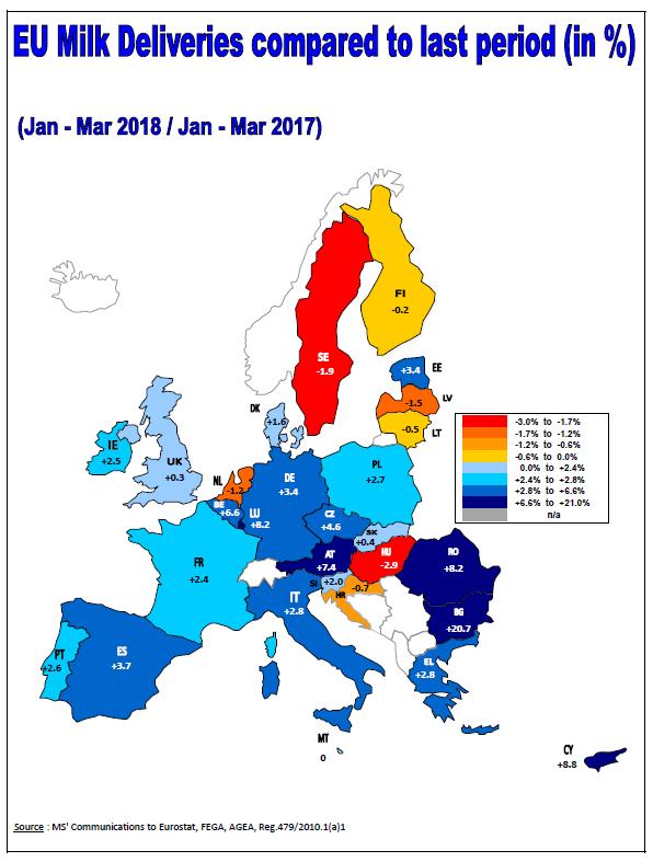 Dodávky mléka v EU (%) Srovnání leden březen